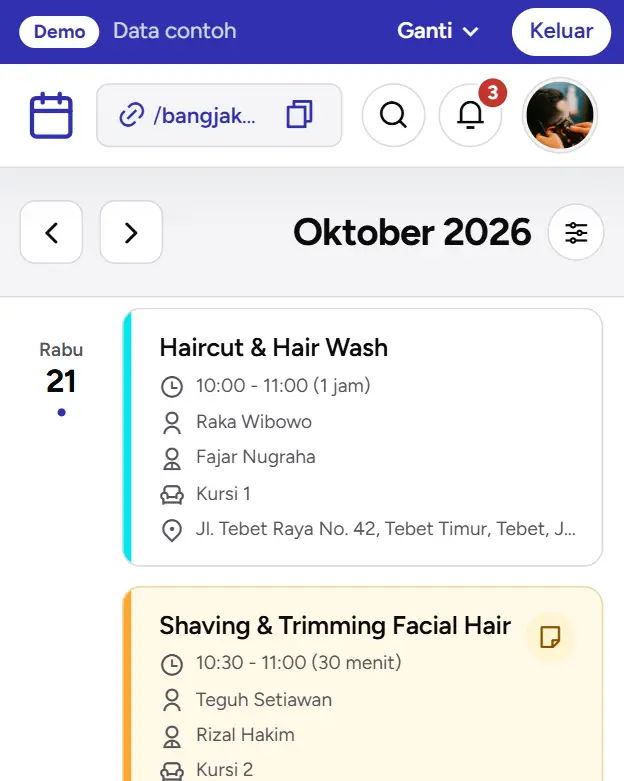 Kalender dasbor demo Bang Jaka Barbershop