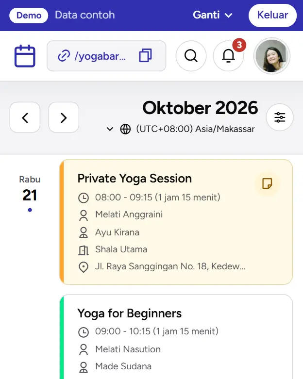 Kalender dasbor demo Wening Yoga Studio