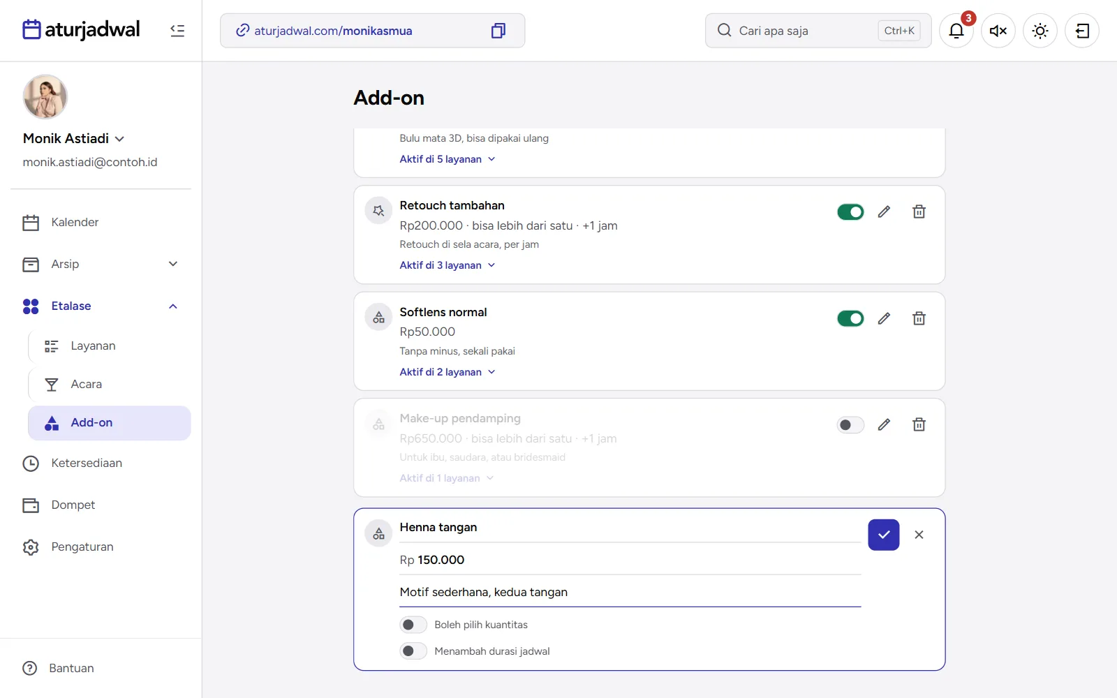 Tangkapan layar: halaman Add-on dengan add-on baru sedang diisi, tampilan desktop
