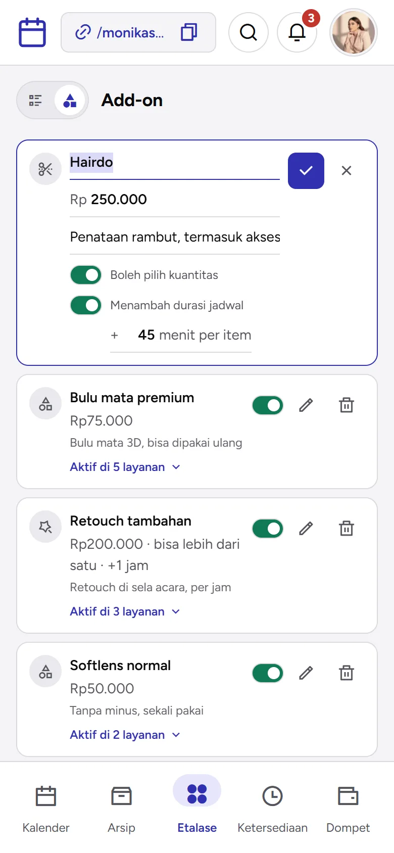 Tangkapan layar: add-on Hairdo dengan Menambah durasi jadwal 45 menit per item, tampilan ponsel