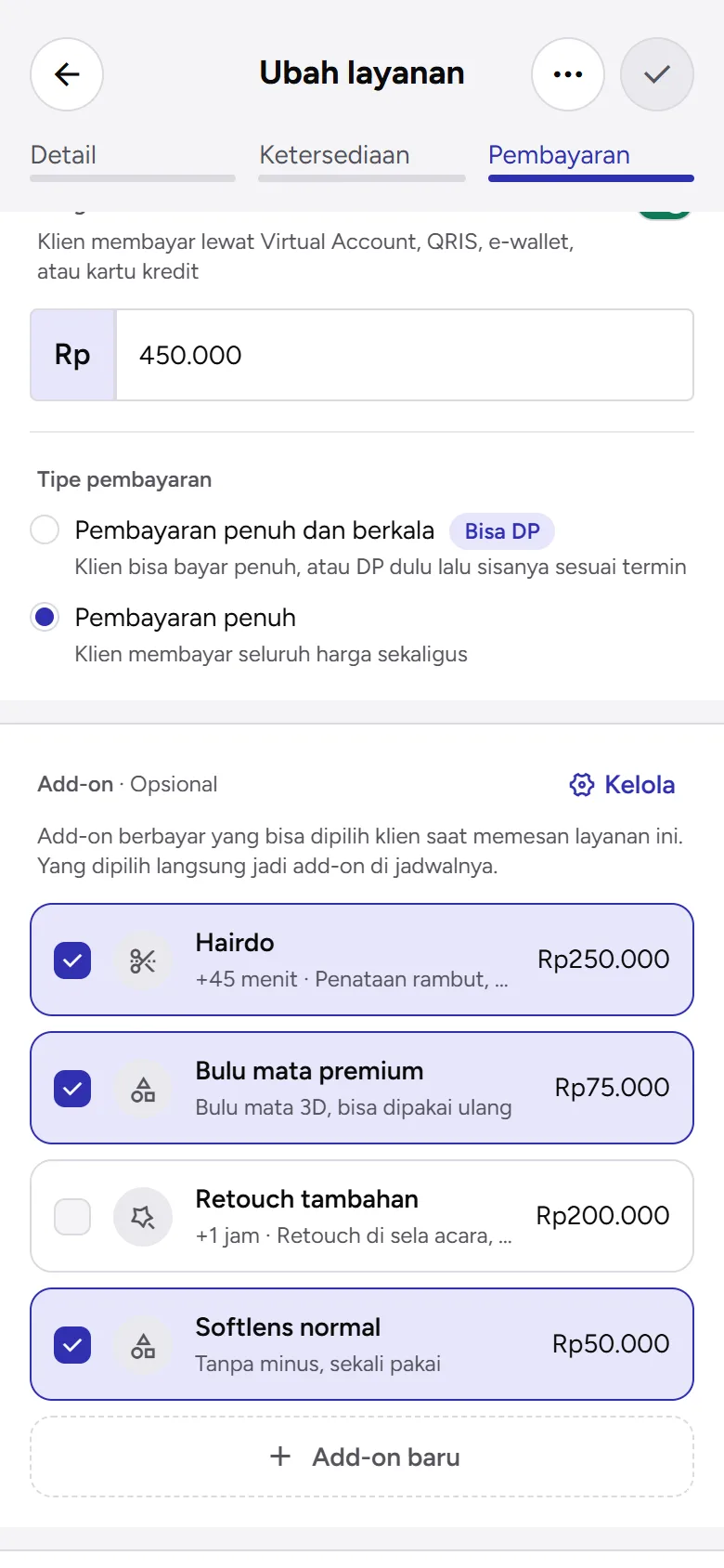 Tangkapan layar: kartu Add-on di form layanan dengan add-on yang dicentang, tampilan ponsel