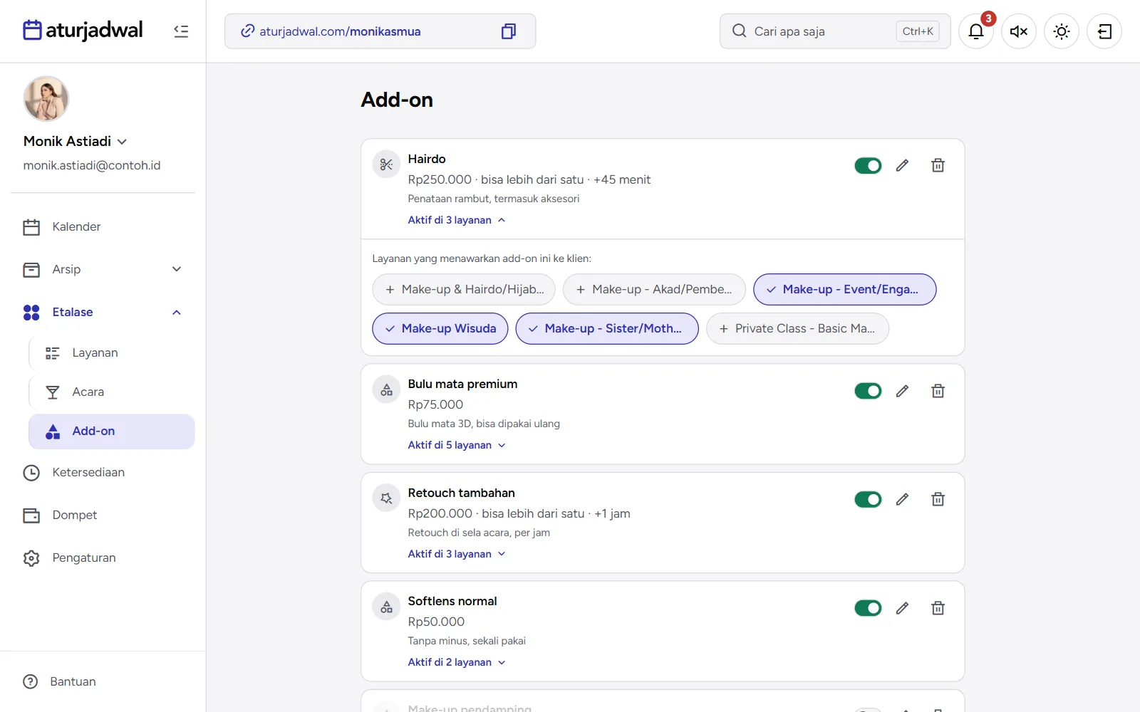 Tangkapan layar: daftar layanan yang menawarkan add-on Hairdo di halaman Add-on, tampilan desktop