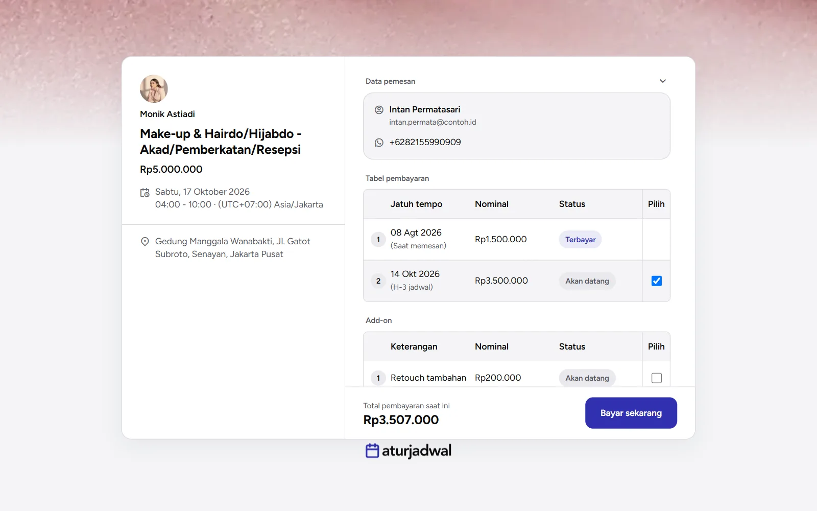 Tangkapan layar: panel bayar dengan tabel pembayaran dan tabel add-on, tampilan desktop