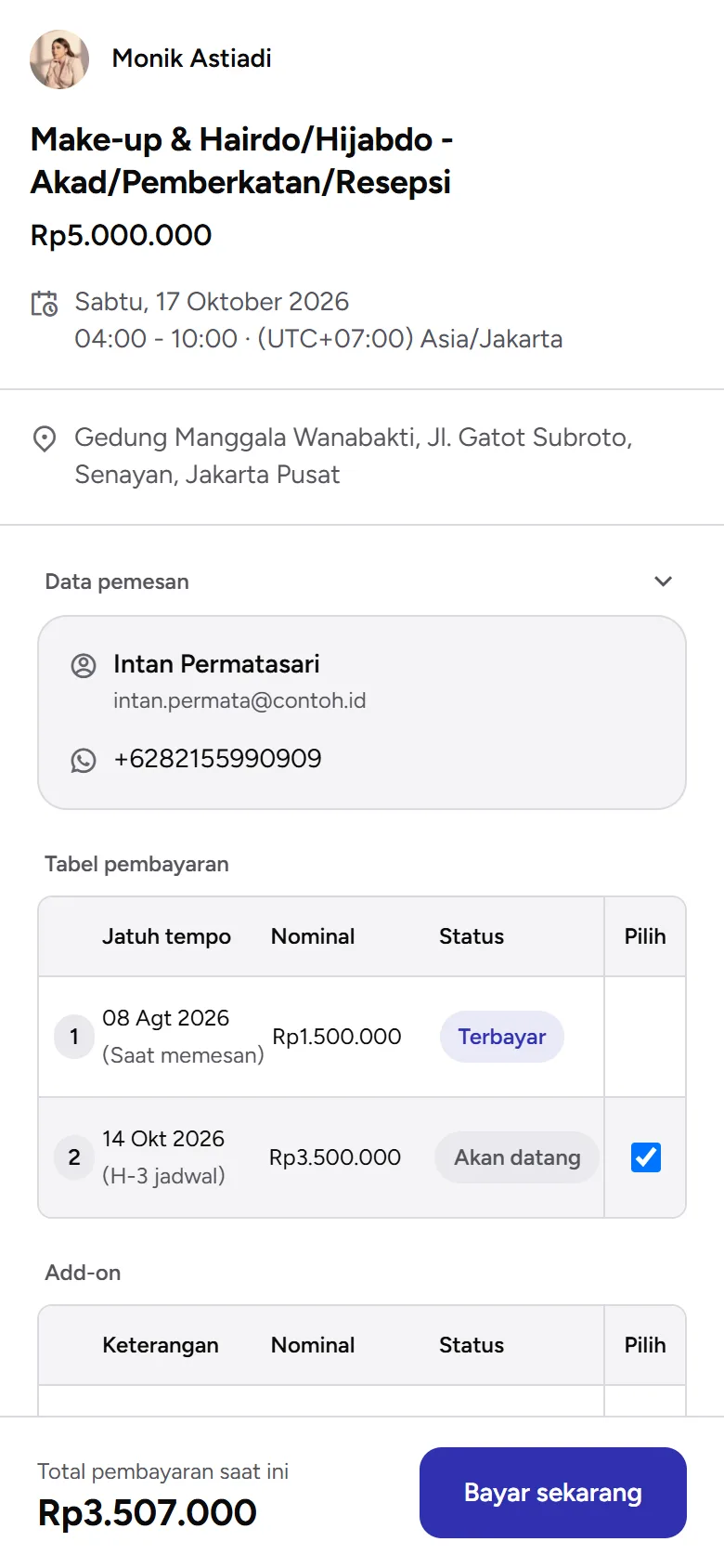 Tangkapan layar: panel bayar dengan tabel pembayaran dan tabel add-on, tampilan ponsel