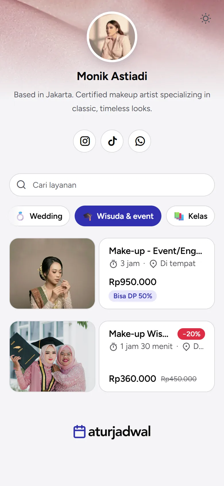 Tangkapan layar: kartu layanan dengan harga coret dan lencana −20%, tampilan ponsel