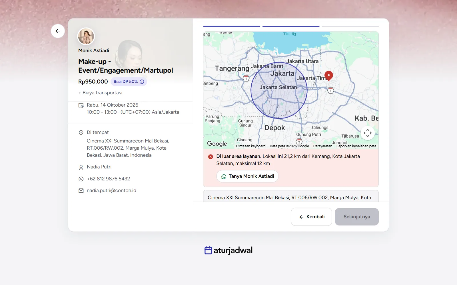 Tangkapan layar: langkah Lokasi dengan lokasi di luar area layanan berwarna merah, tampilan desktop