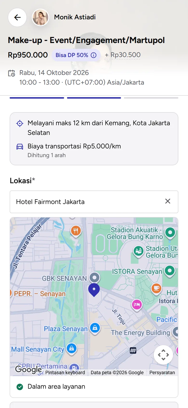 Tangkapan layar: langkah Lokasi dengan peta, hasil Dalam area layanan, dan biaya transportasi, tampilan ponsel
