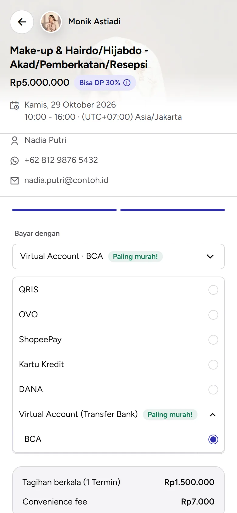 Tangkapan layar: daftar metode di kolom Bayar dengan, yang termurah berlabel Paling murah!, tampilan ponsel