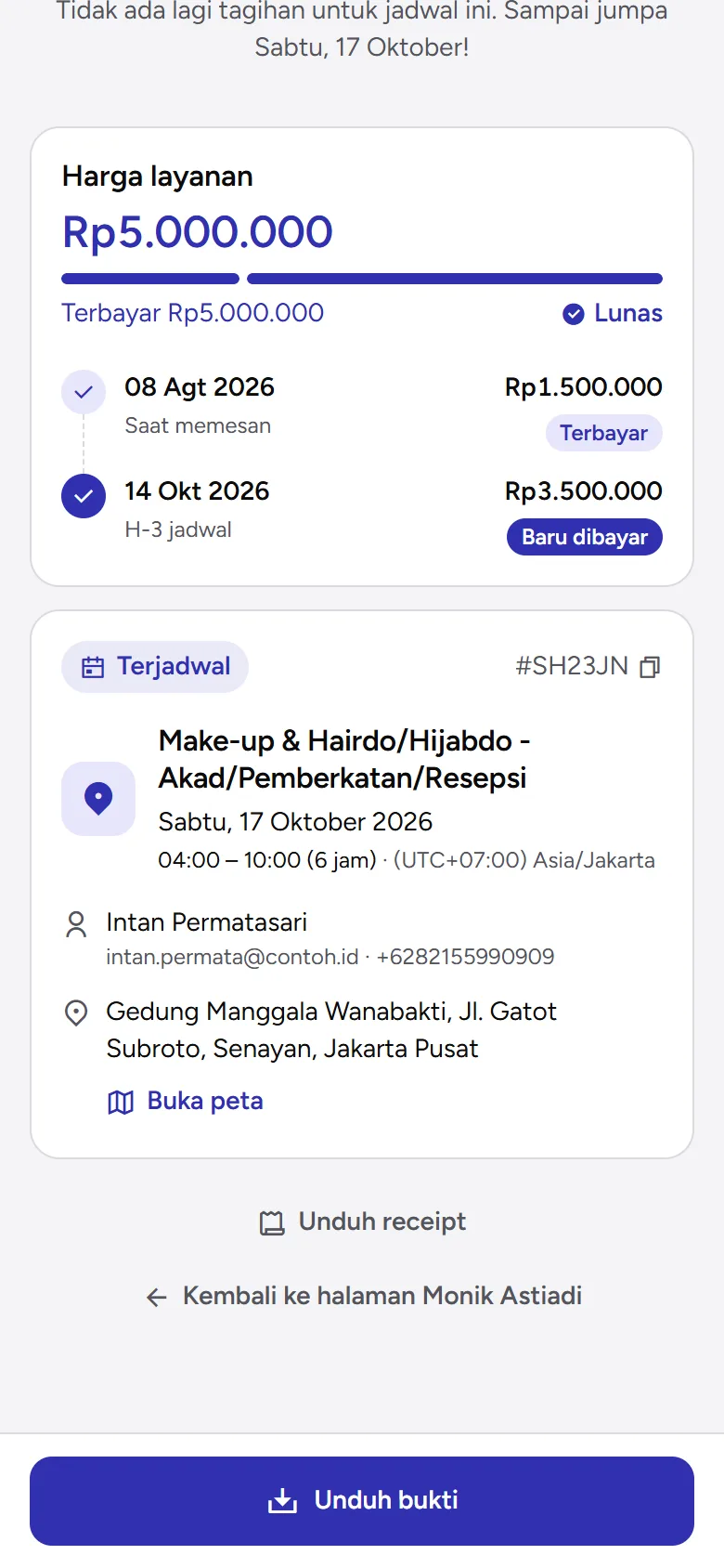 Tangkapan layar: laman sukses sesudah pembayaran dengan tombol Unduh bukti dan Unduh receipt, tampilan ponsel