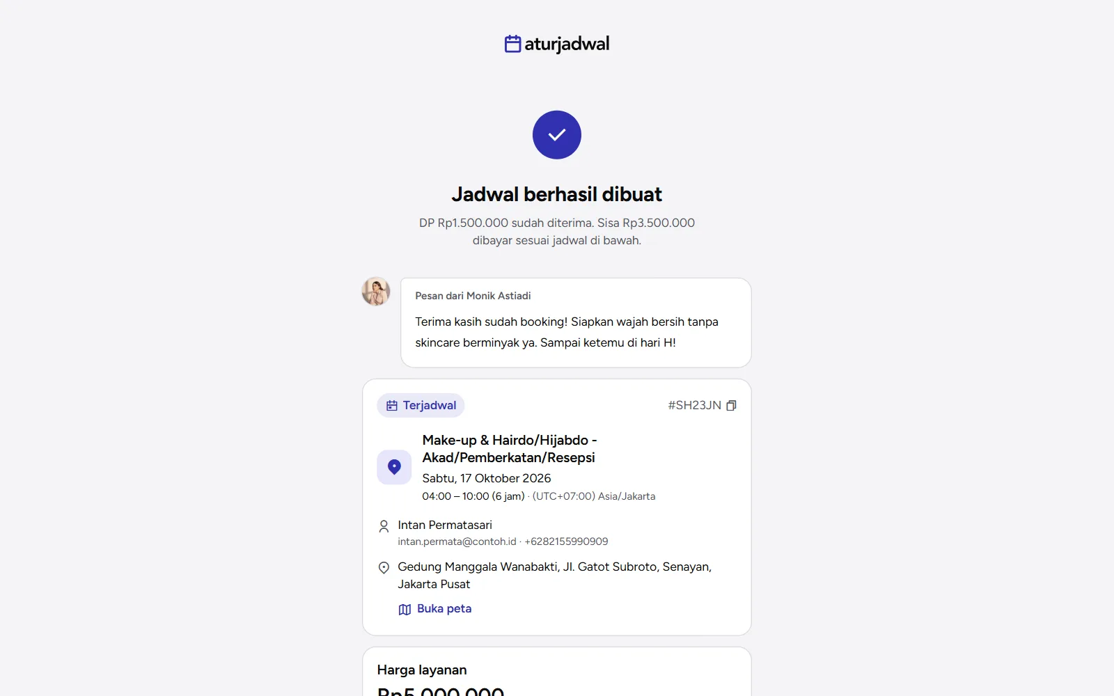 Tangkapan layar: laman sukses dengan pesan pemilik dan kartu jadwal, tampilan desktop