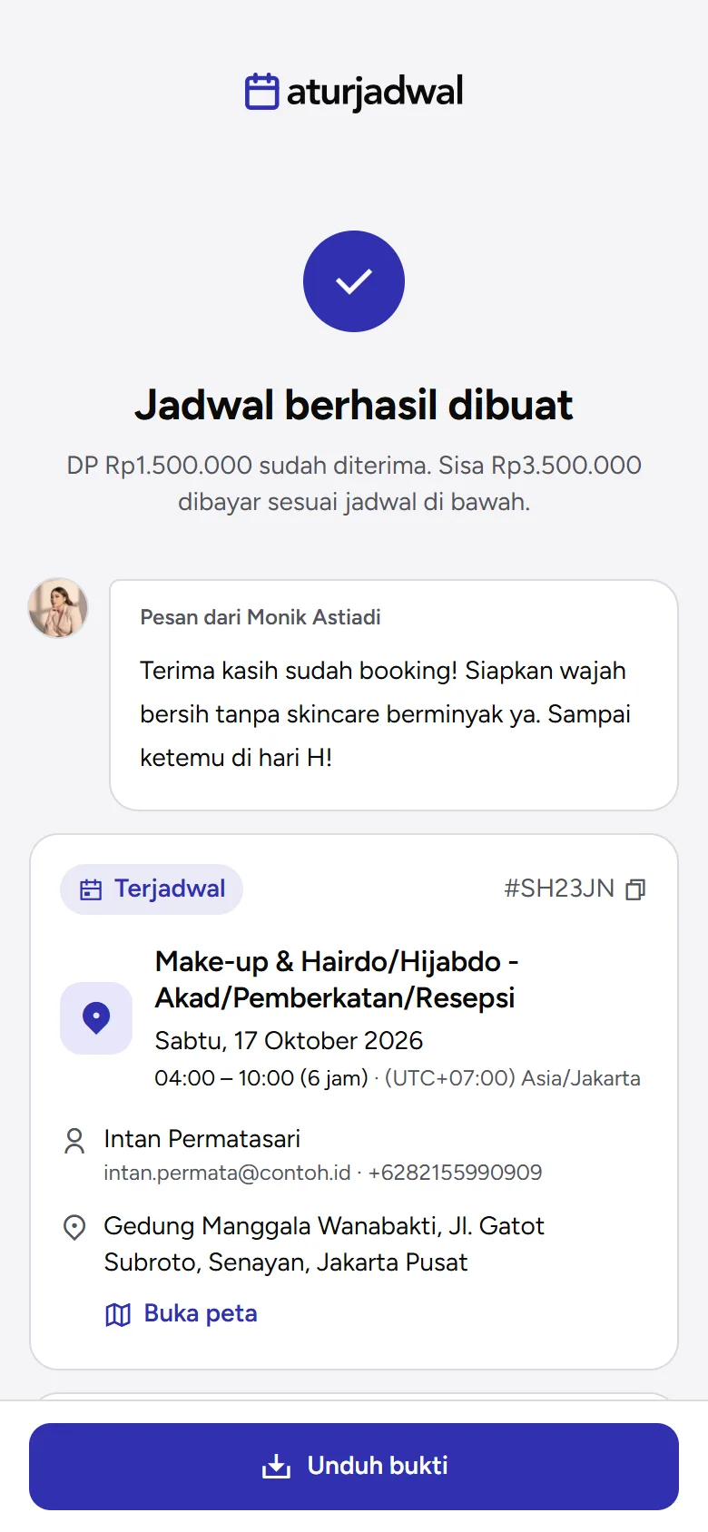 Tangkapan layar: laman sukses dengan pesan pemilik dan kartu jadwal, tampilan ponsel