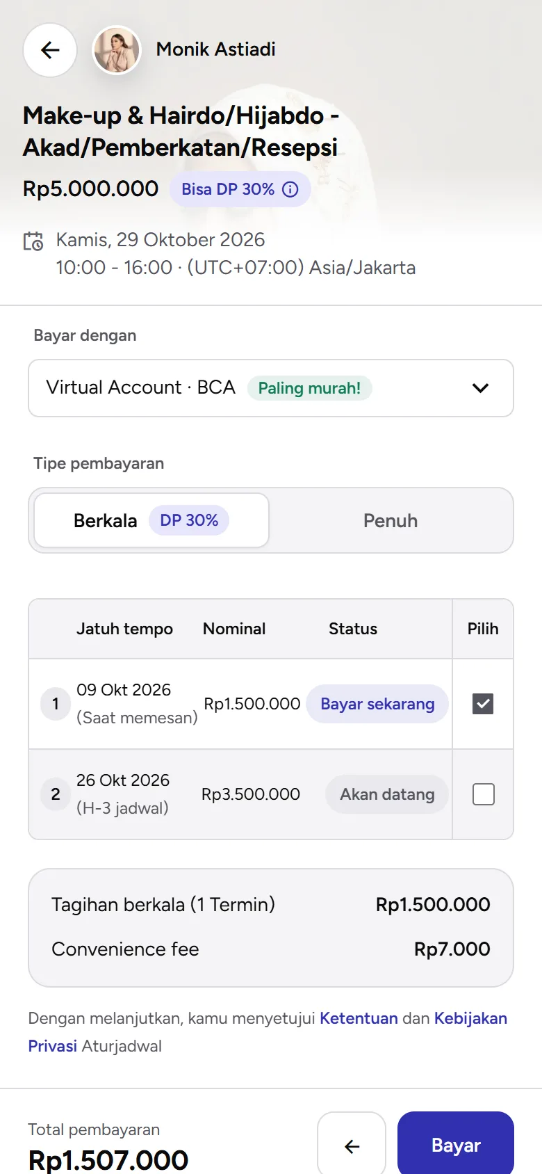 Tangkapan layar: tabel termin dengan status Bayar sekarang dan Akan datang, tampilan ponsel