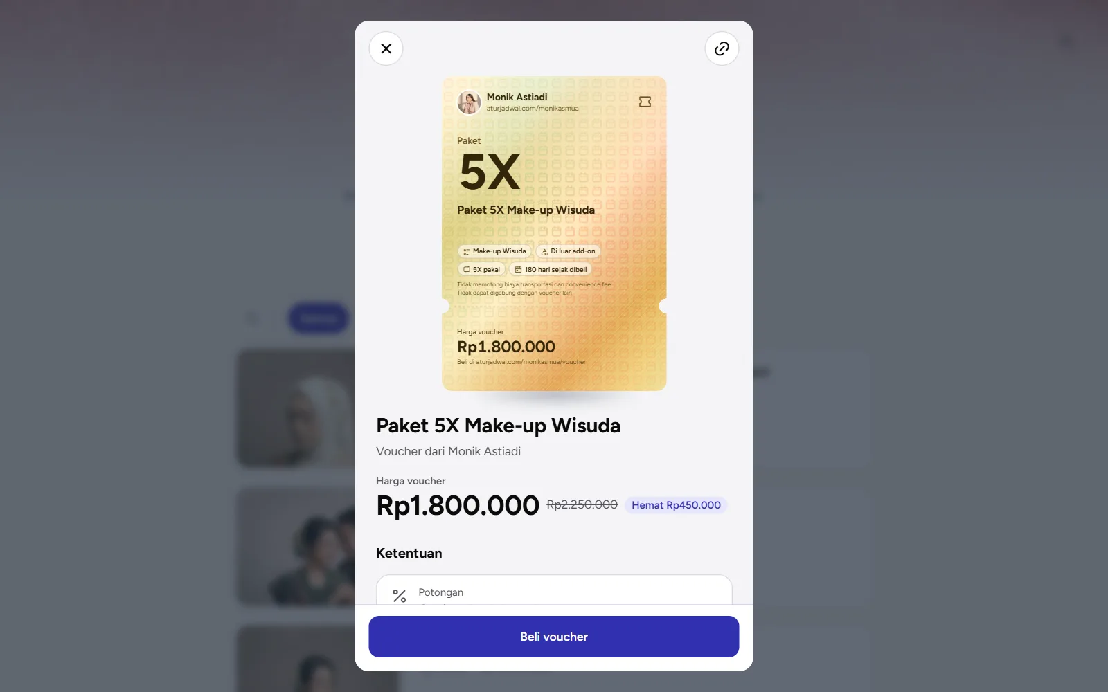 Tangkapan layar: halaman satu voucher dengan kartu, harga, ketentuan, dan tombol Beli voucher, tampilan desktop
