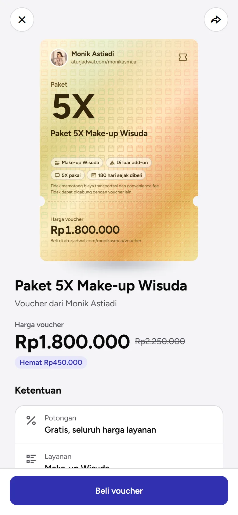 Tangkapan layar: halaman satu voucher dengan kartu, harga, ketentuan, dan tombol Beli voucher, tampilan ponsel