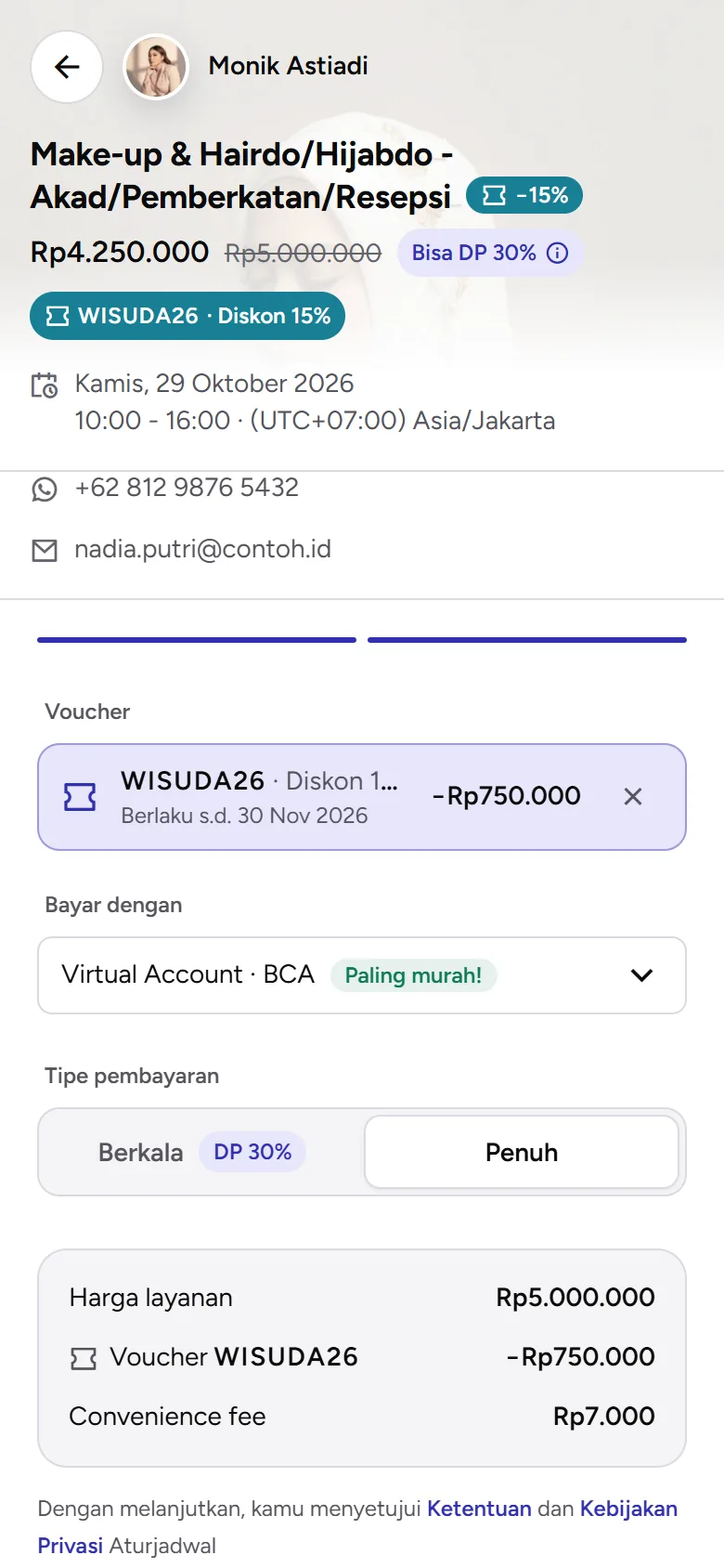 Tangkapan layar: langkah Pembayaran dengan voucher terpakai dan potongannya di rincian, tampilan ponsel