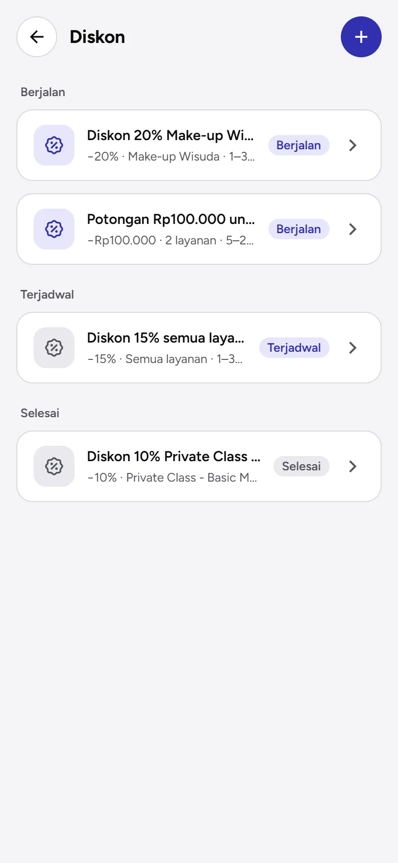 Tangkapan layar: daftar Diskon yang dikelompokkan Berjalan, Terjadwal, dan Selesai, tampilan ponsel