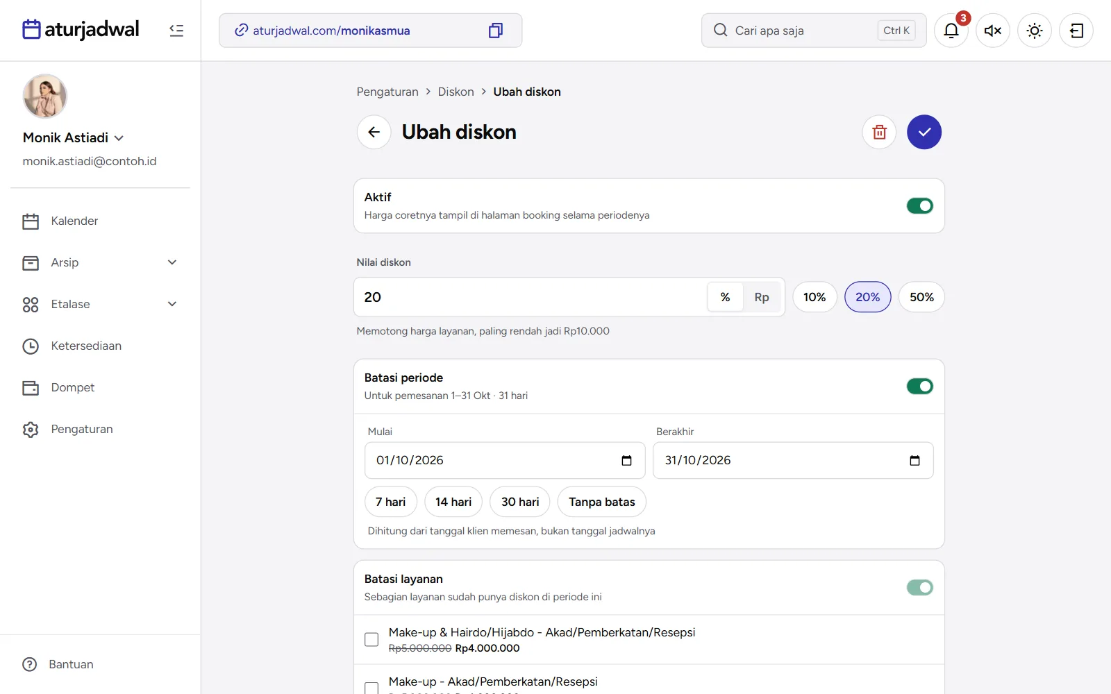 Tangkapan layar: formulir Ubah diskon dengan nilai 20% dan Batasi periode 1–31 Okt, tampilan desktop