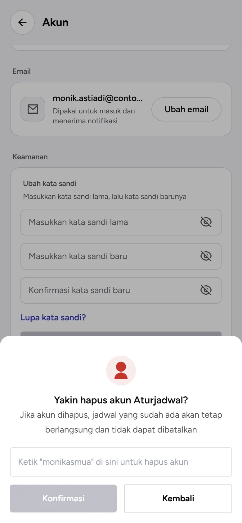 Tangkapan layar: konfirmasi Yakin hapus akun Aturjadwal? dengan kotak username, tampilan ponsel