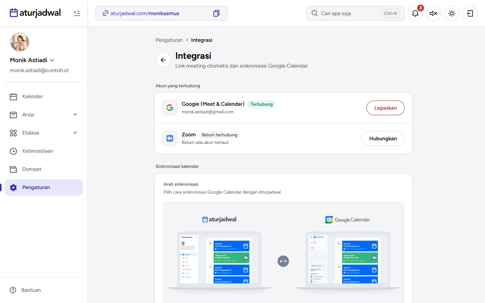 Tangkapan layar: Pengaturan Integrasi dengan Google terhubung dan Zoom belum terhubung, tampilan desktop