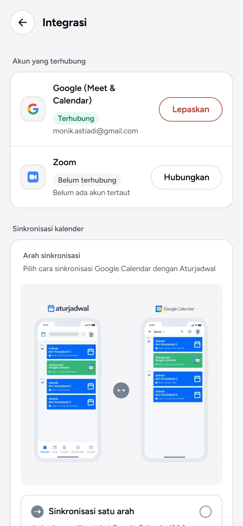 Tangkapan layar: Pengaturan Integrasi dengan Google terhubung dan Zoom belum terhubung, tampilan ponsel