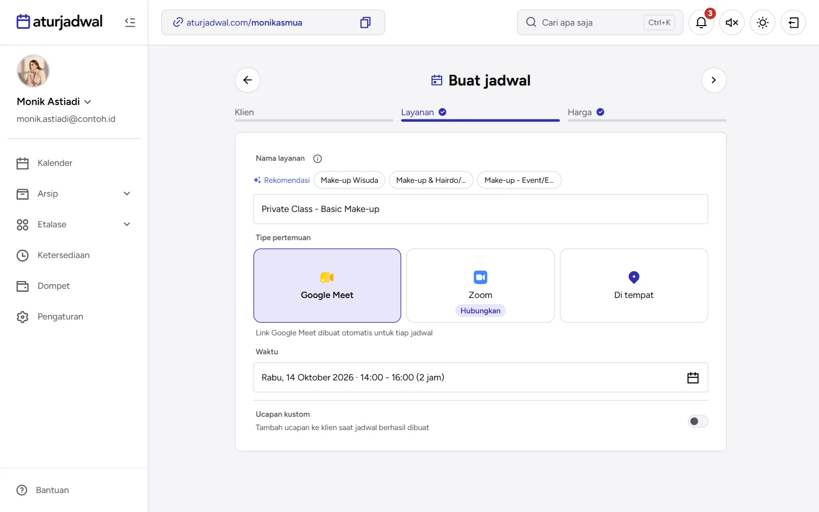 Tangkapan layar: formulir Buat jadwal di langkah Layanan, tampilan desktop