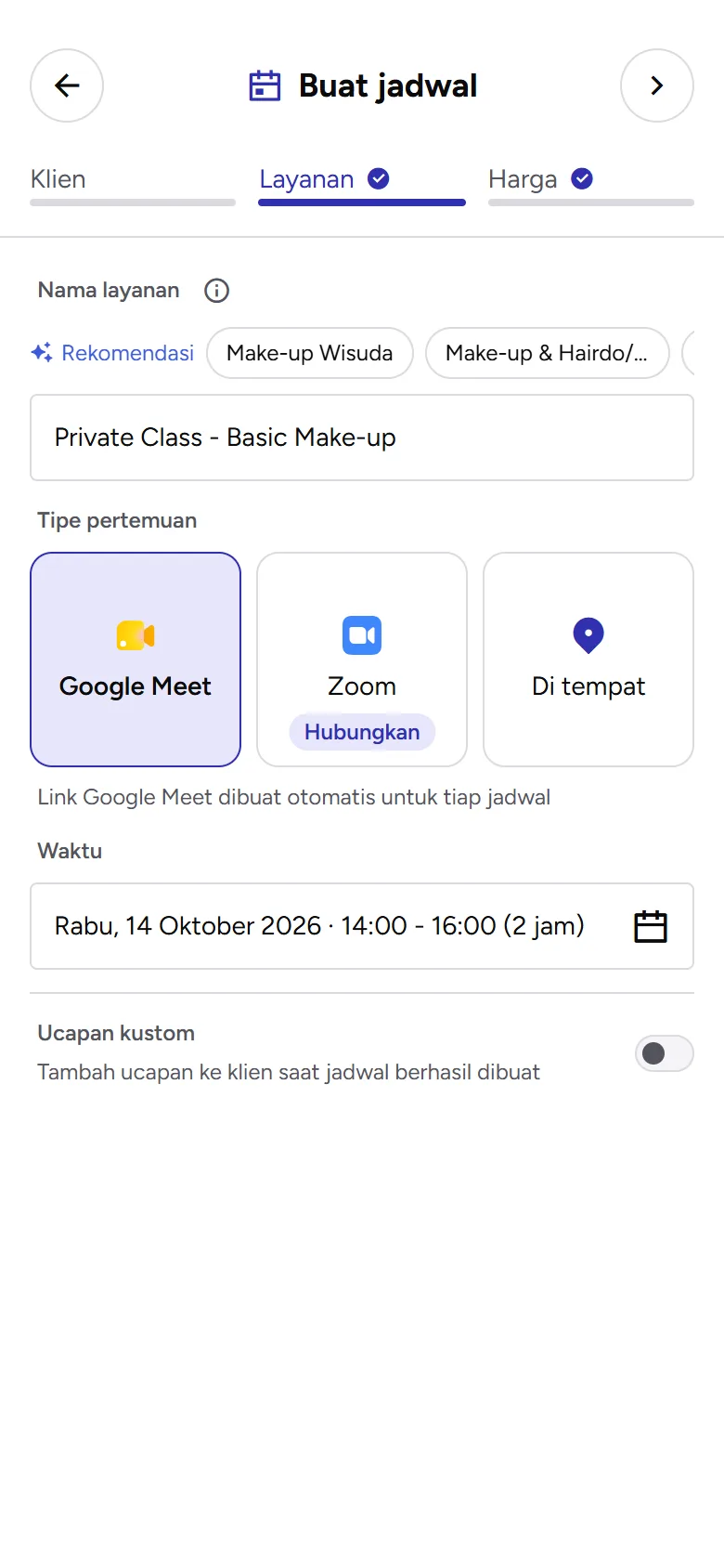 Tangkapan layar: formulir Buat jadwal di langkah Layanan, tampilan ponsel