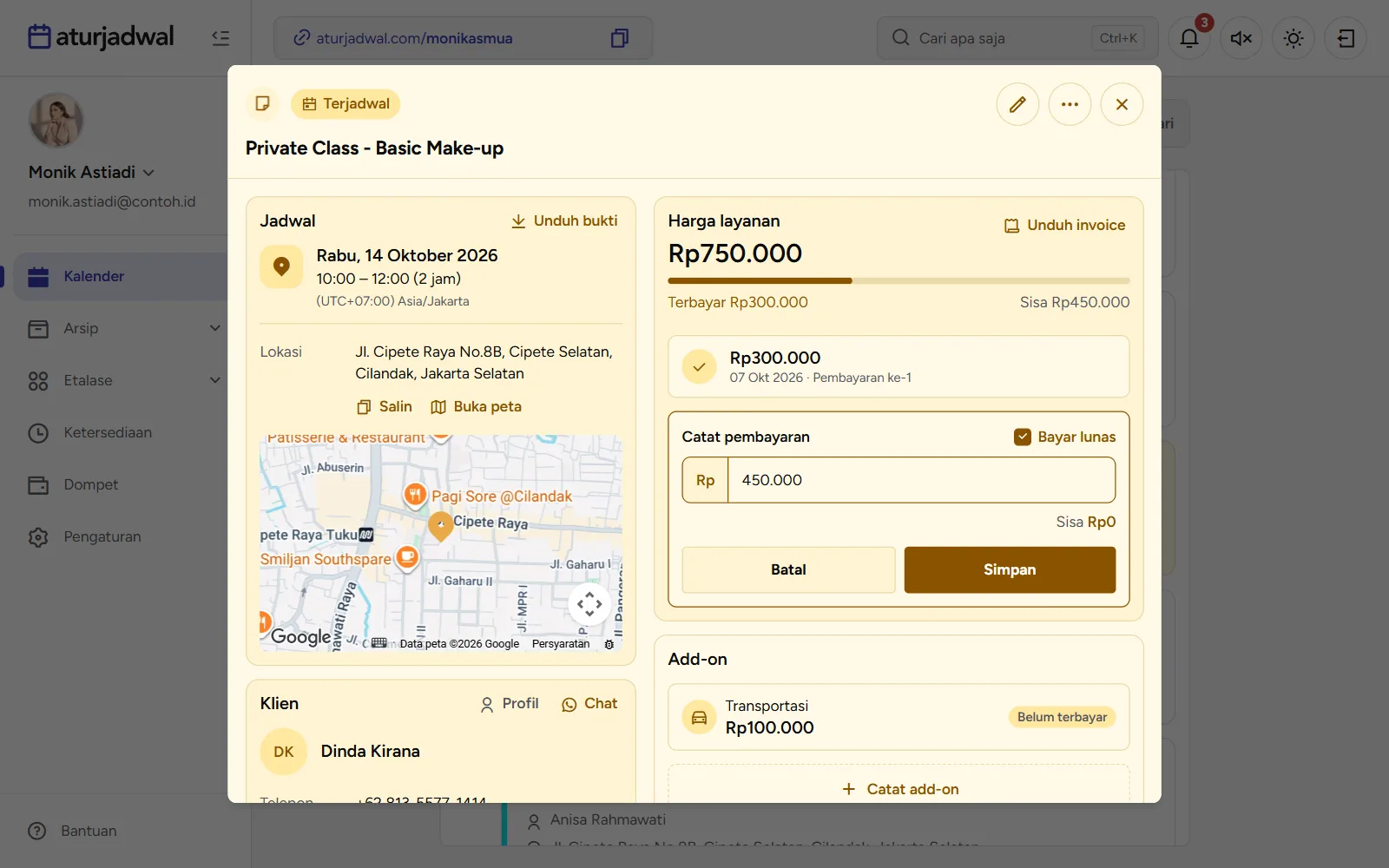 Tangkapan layar: form Catat pembayaran di jadwal catatan, dengan add-on Transportasi, tampilan desktop