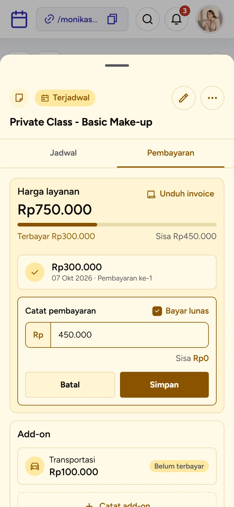 Tangkapan layar: form Catat pembayaran di tab Pembayaran, tampilan ponsel