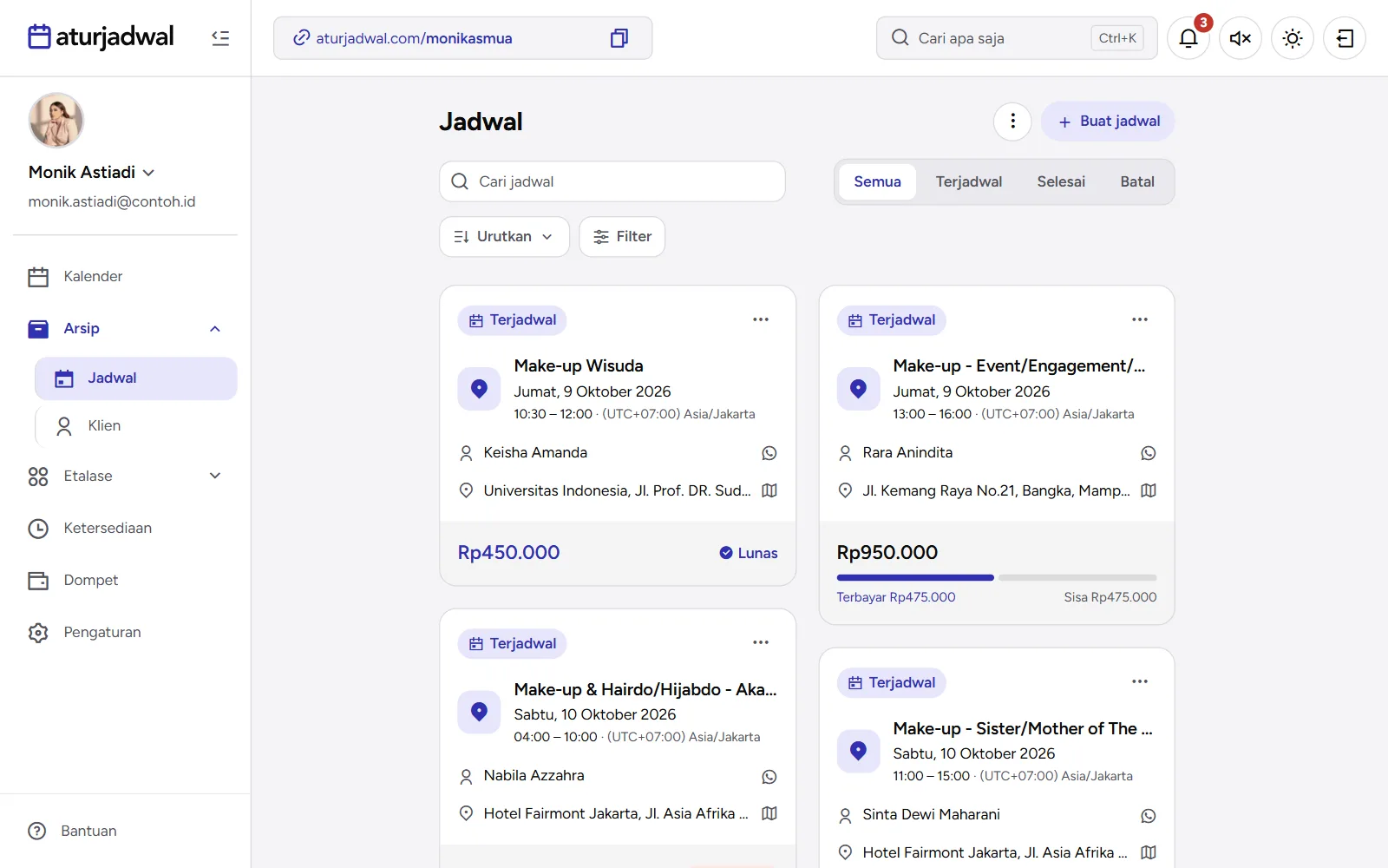 Tangkapan layar: daftar jadwal di Arsip › Jadwal dengan tab status, Urutkan, dan Filter, tampilan desktop