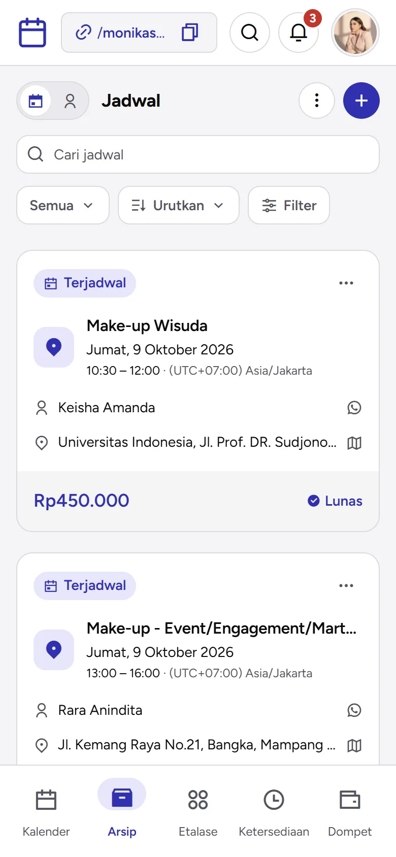 Tangkapan layar: daftar jadwal di Arsip › Jadwal, tampilan ponsel
