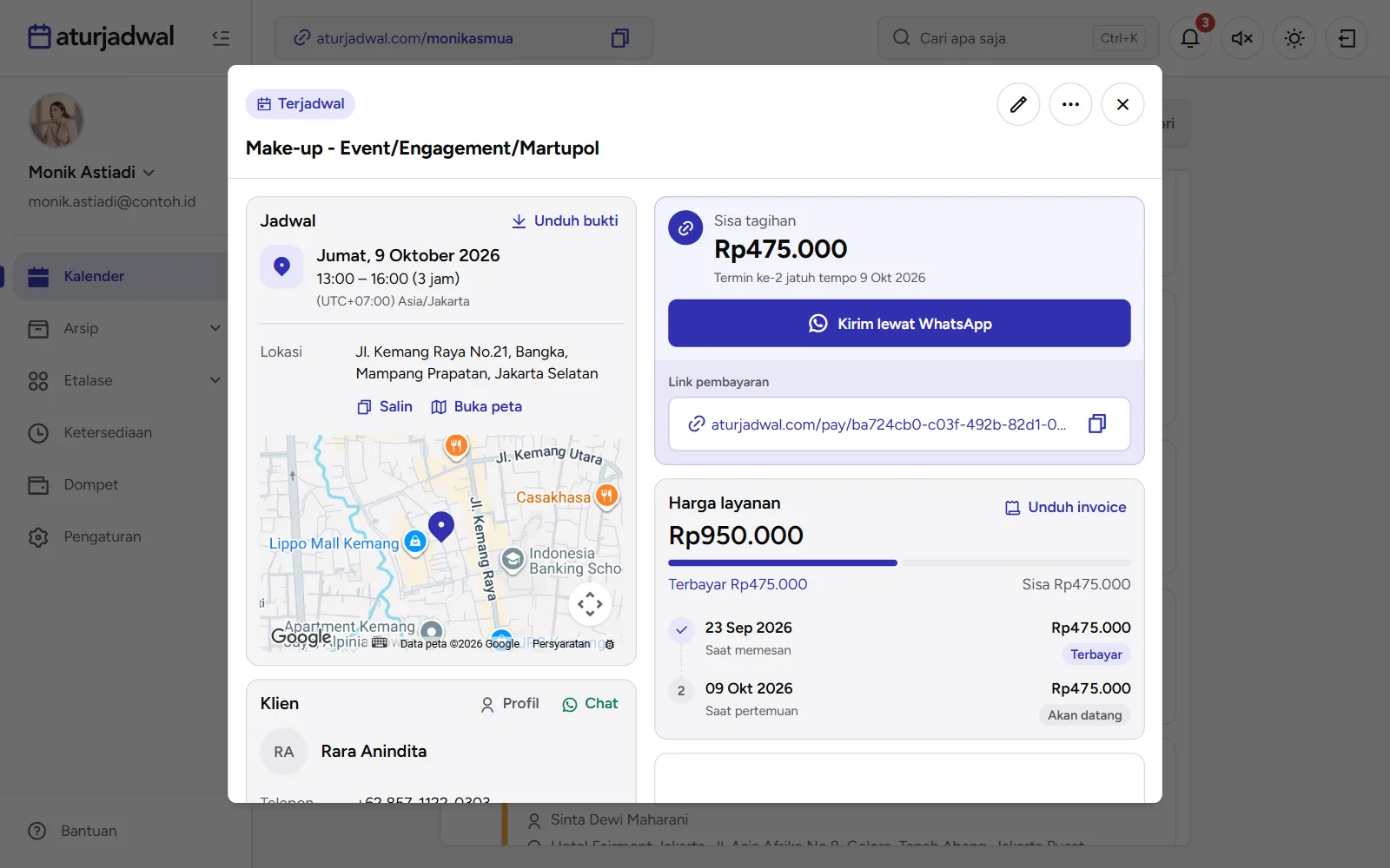 Tangkapan layar: detail jadwal dengan kartu Jadwal, Klien, Sisa tagihan, dan Harga layanan, tampilan desktop