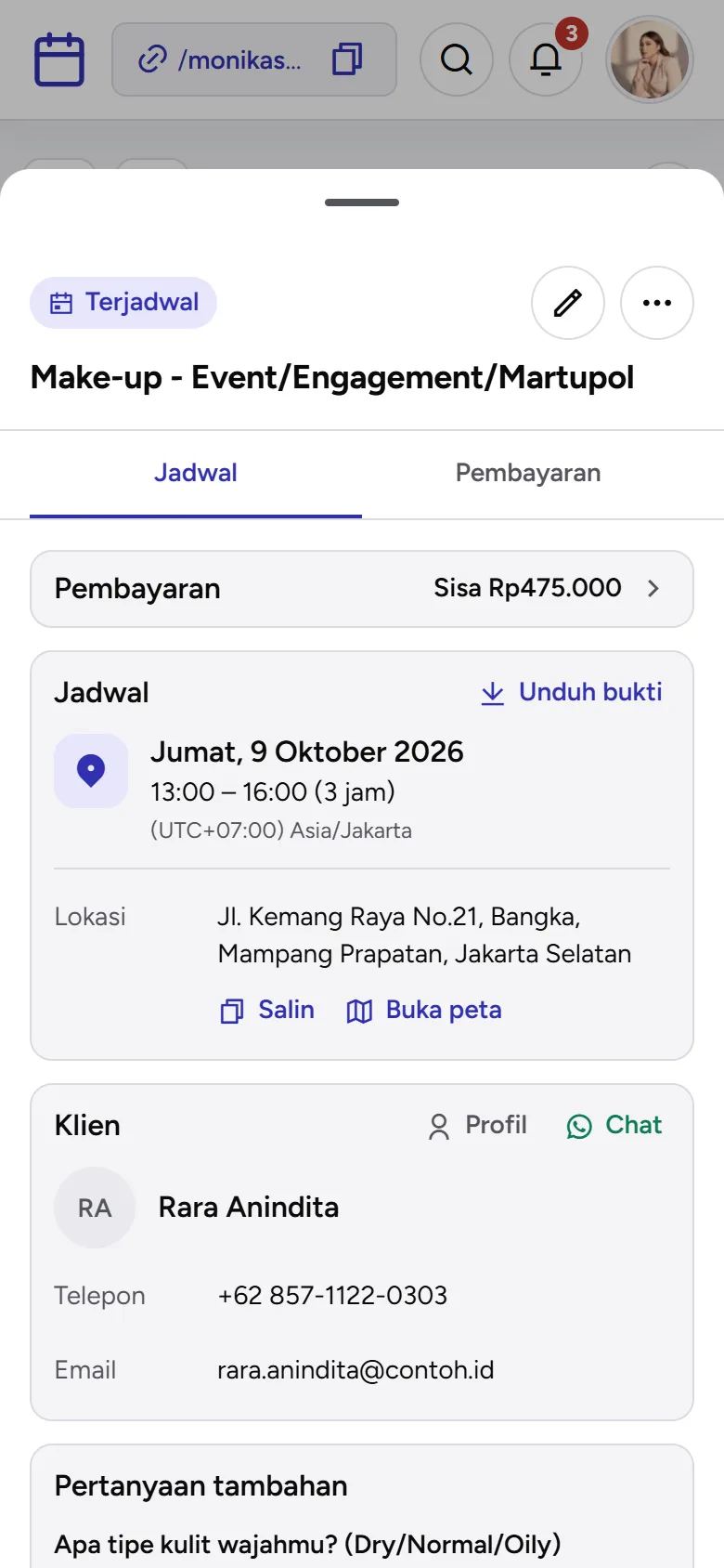Tangkapan layar: detail jadwal di tab Jadwal, tampilan ponsel