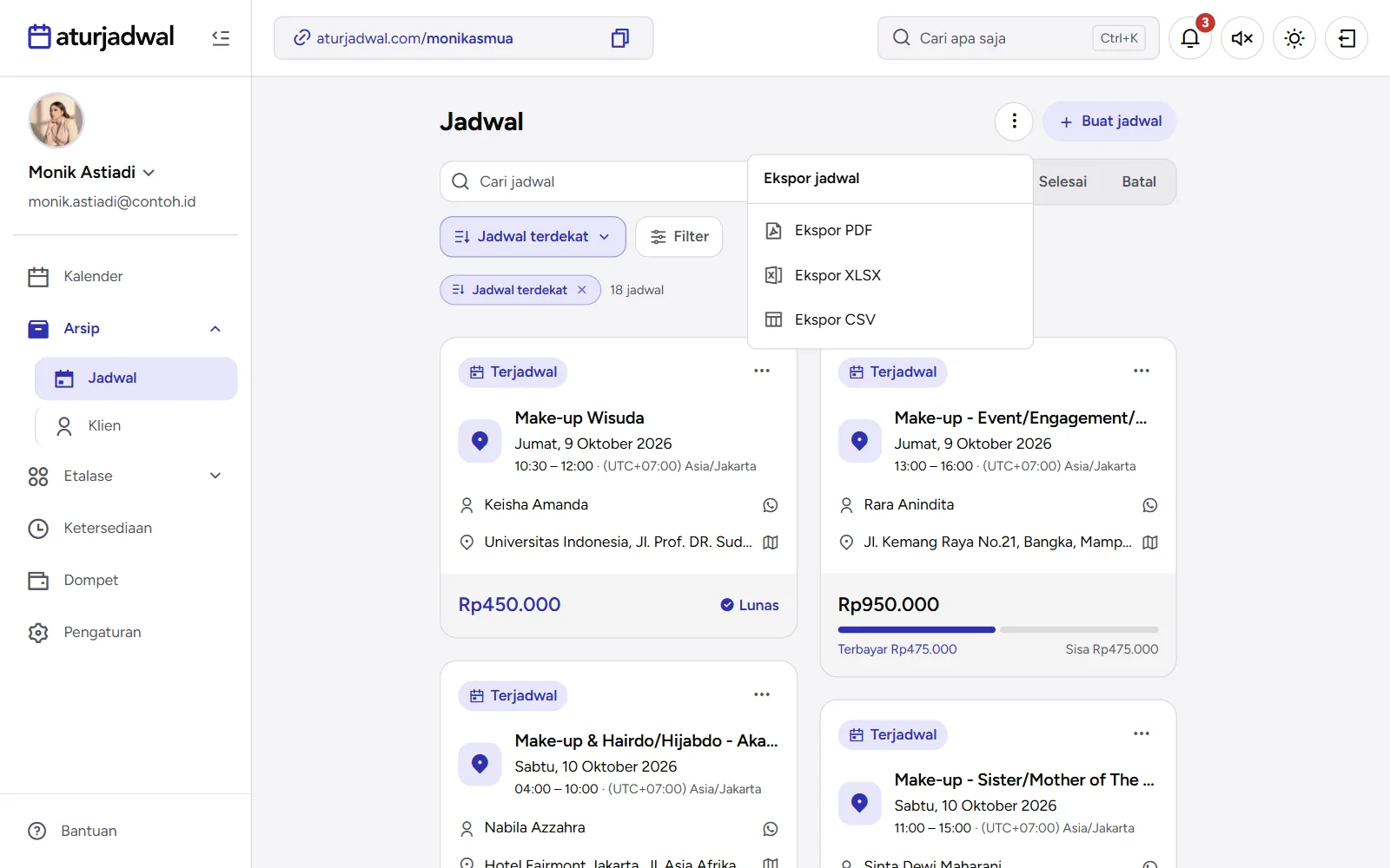 Tangkapan layar: menu Ekspor jadwal dengan pilihan PDF, XLSX, dan CSV, tampilan desktop