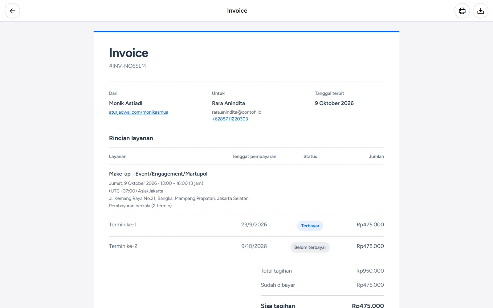 Tangkapan layar: pratinjau Invoice dengan tombol cetak dan unduh, tampilan desktop