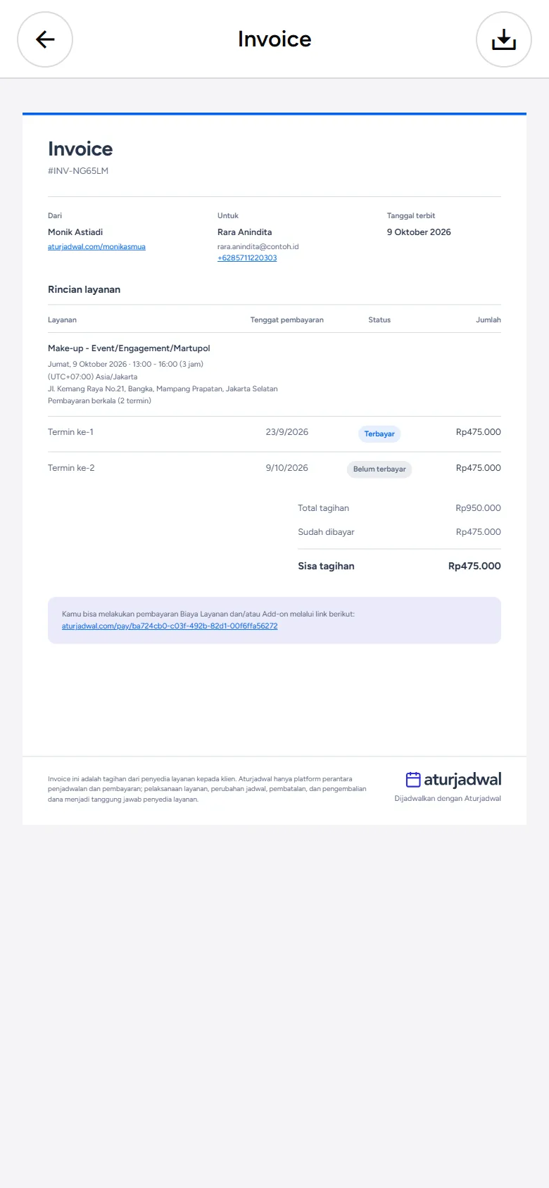 Tangkapan layar: pratinjau Invoice, tampilan ponsel
