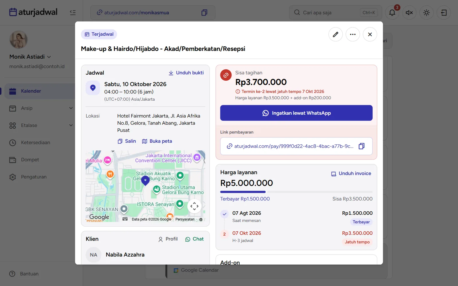 Tangkapan layar: kartu Sisa tagihan lewat jatuh tempo dengan tombol Ingatkan lewat WhatsApp, tampilan desktop
