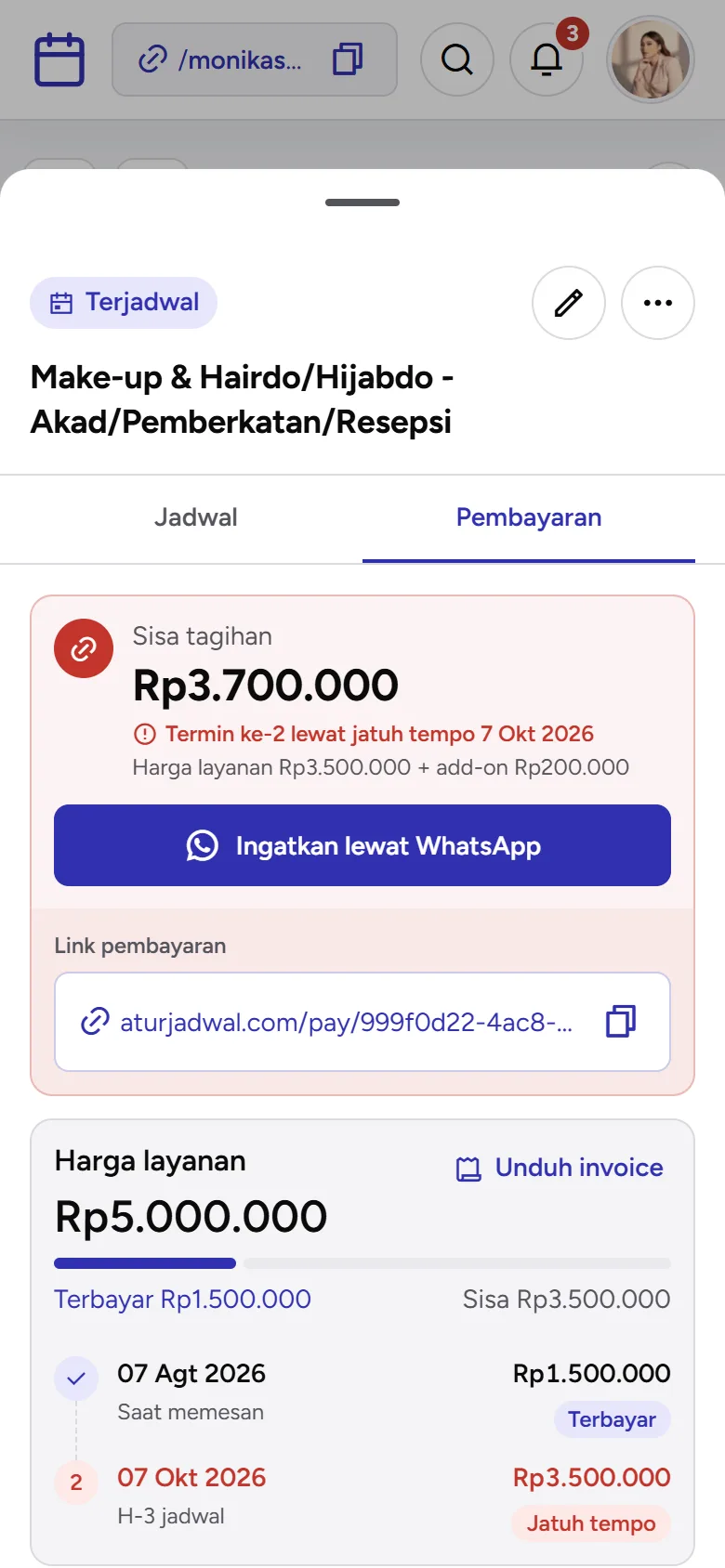 Tangkapan layar: kartu Sisa tagihan di tab Pembayaran, tampilan ponsel