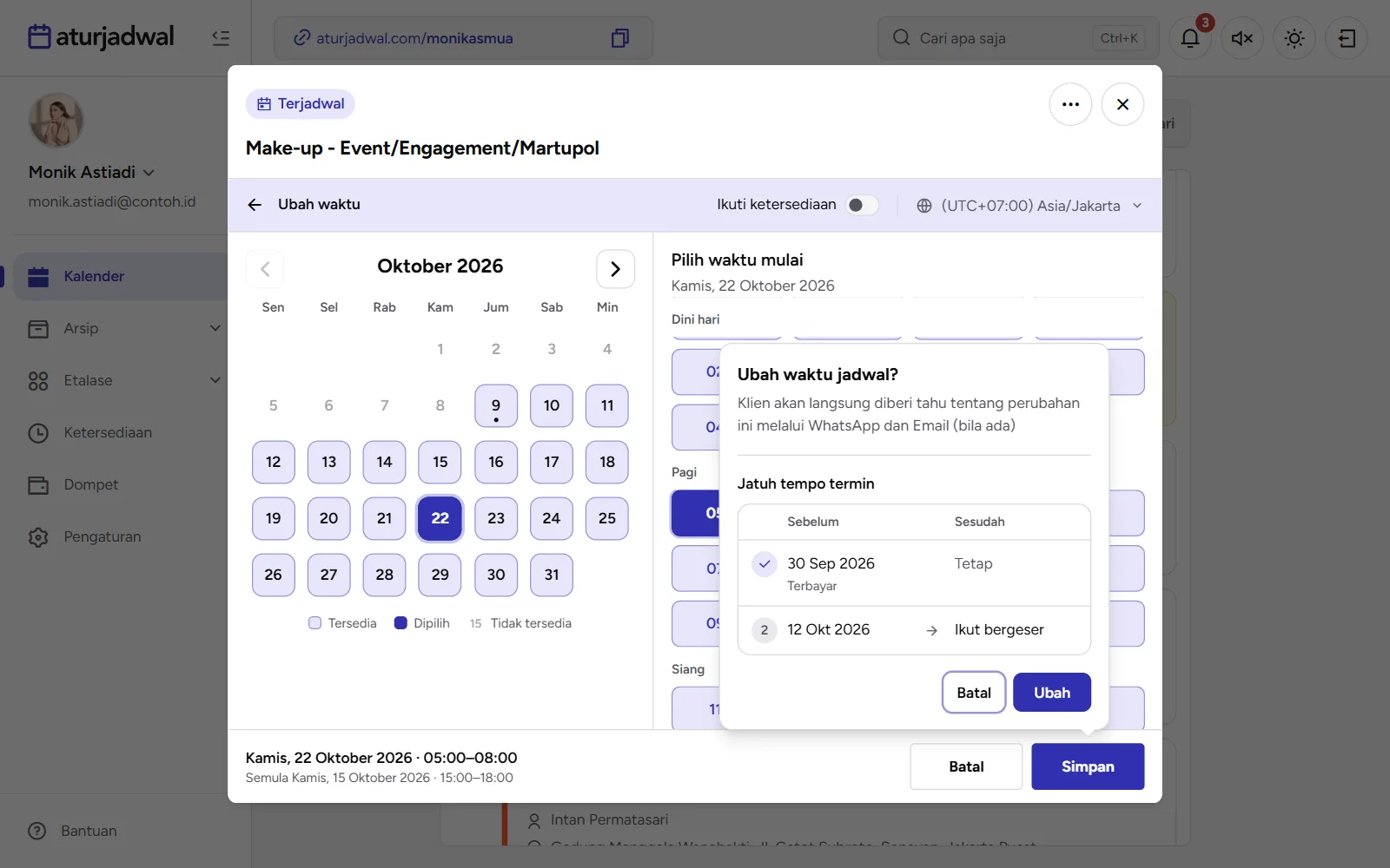 Tangkapan layar: pemilih Ubah waktu dengan konfirmasi Ubah waktu jadwal? dan tabel Jatuh tempo termin, tampilan desktop