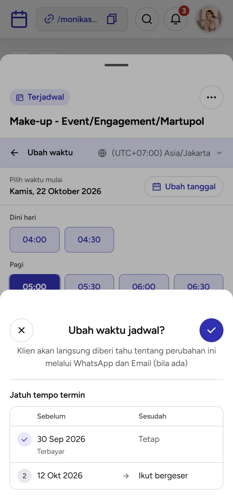 Tangkapan layar: konfirmasi Ubah waktu jadwal? dengan tabel Jatuh tempo termin, tampilan ponsel
