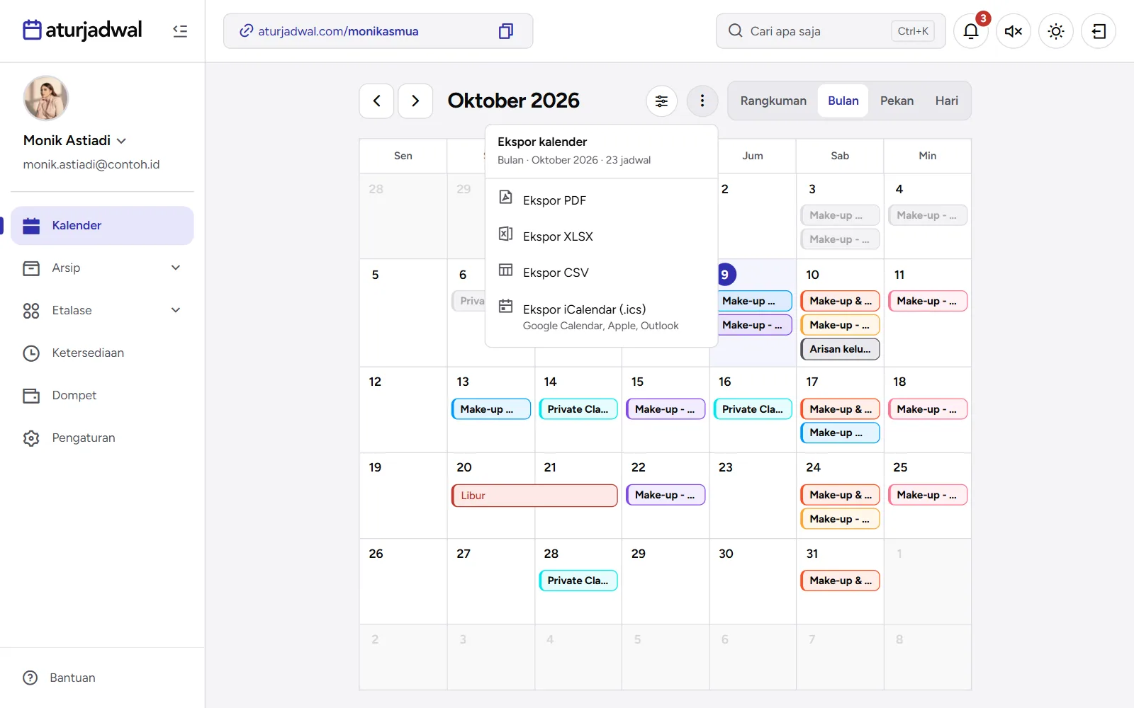 Tangkapan layar: menu Ekspor kalender dengan pilihan PDF, XLSX, CSV, dan iCalendar, tampilan desktop