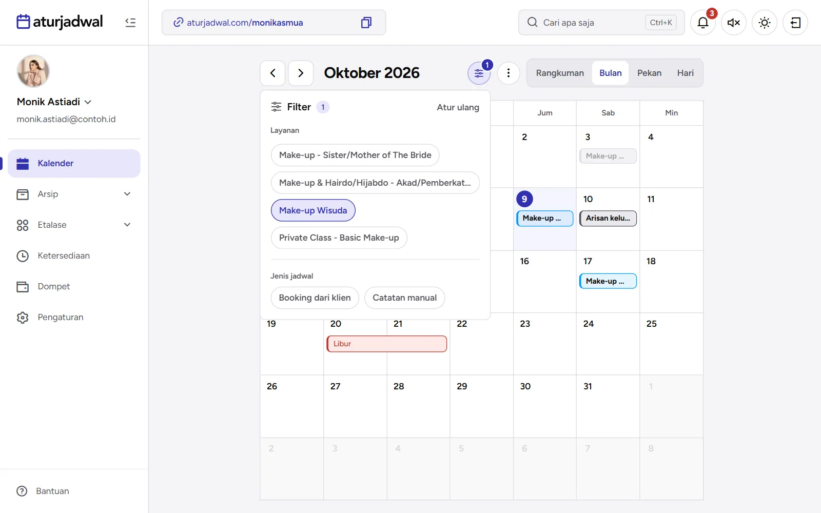 Tangkapan layar: panel Filter kalender dengan satu layanan terpilih, tampilan desktop