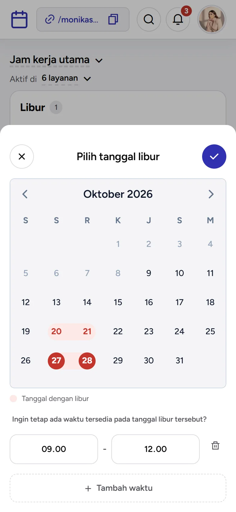 Tangkapan layar: formulir Pilih tanggal libur dengan jam yang tetap tersedia, tampilan ponsel