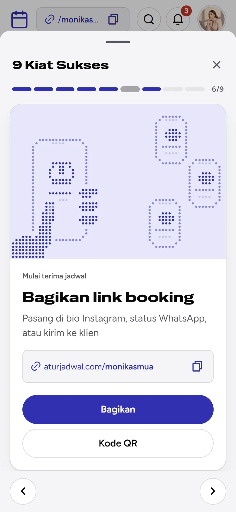 Tangkapan layar: kartu 9 Kiat Sukses sebagai lembar bawah, tampilan ponsel