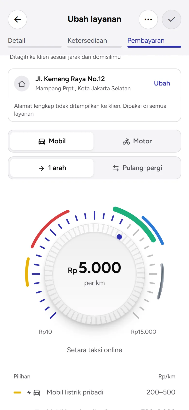Tangkapan layar: Biaya transportasi otomatis dengan pilihan kendaraan, arah, dan knob tarif, tampilan ponsel