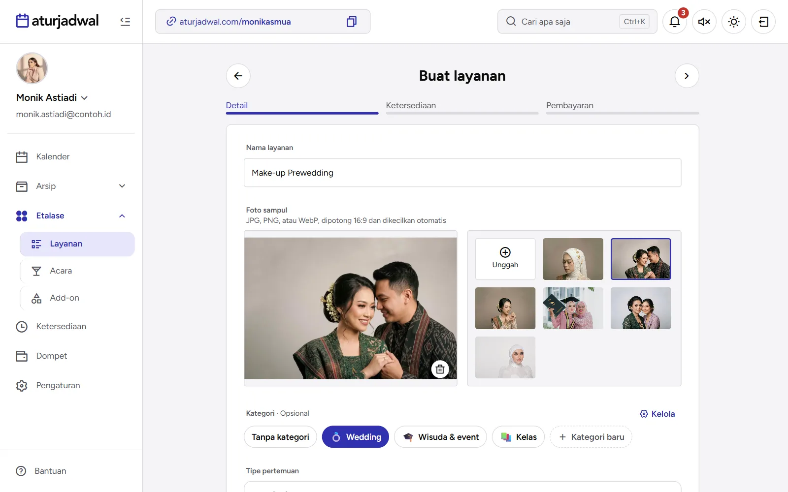Tangkapan layar: form Buat layanan di langkah Detail dengan nama, foto sampul, dan kategori terisi, tampilan desktop