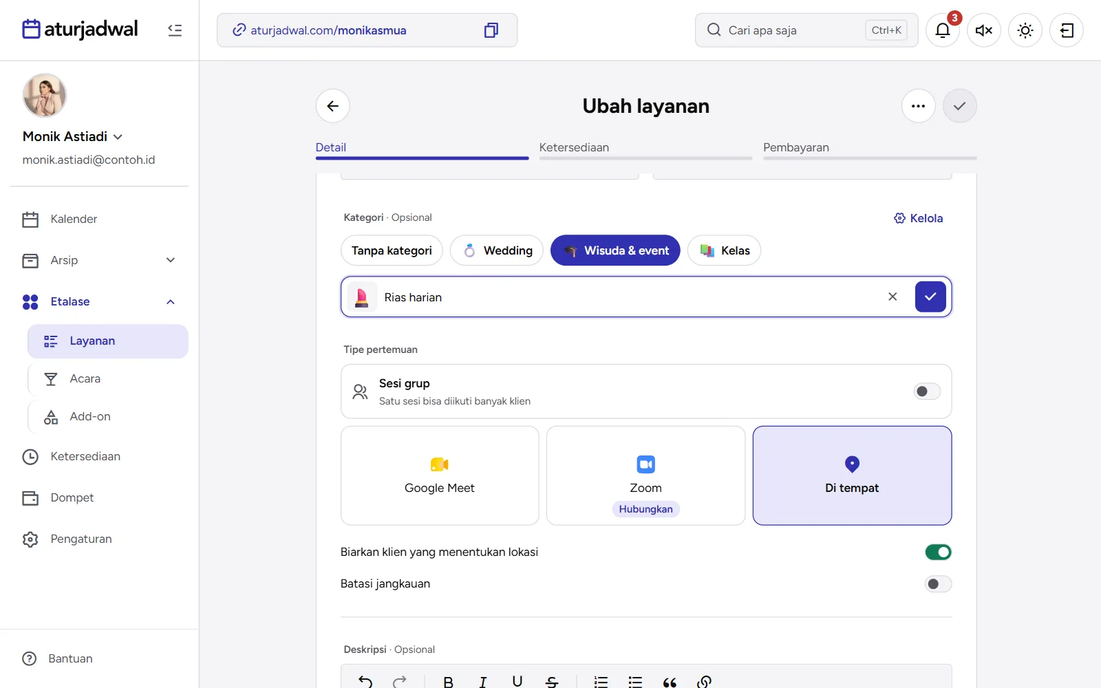 Tangkapan layar: kolom Kategori dengan kategori baru sedang diisi, tampilan desktop