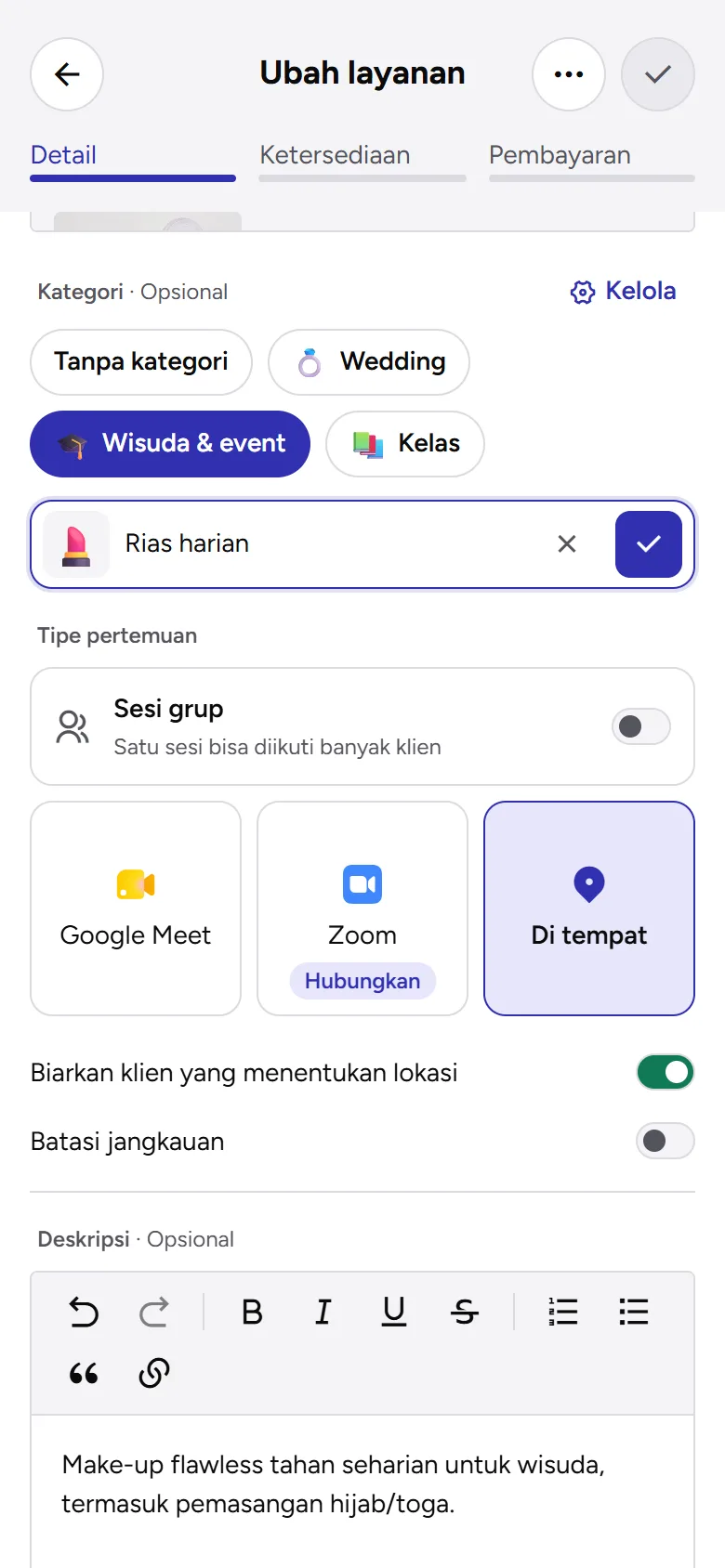 Tangkapan layar: kolom Kategori dengan kategori baru sedang diisi, tampilan ponsel
