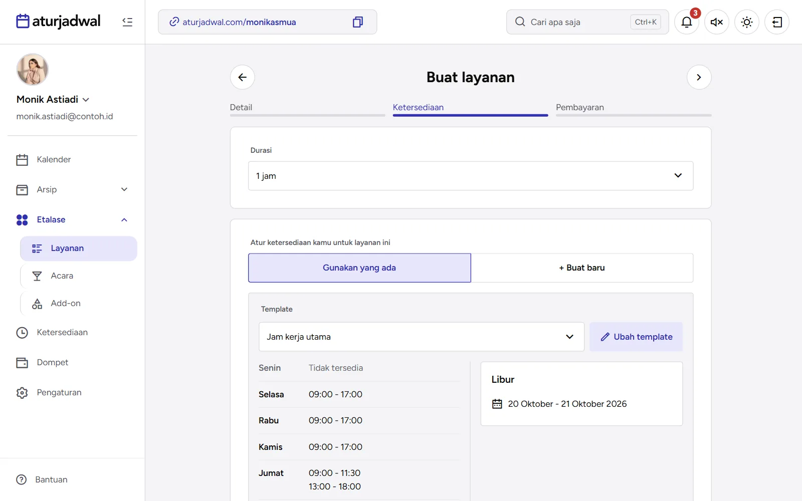 Tangkapan layar: langkah Ketersediaan dengan durasi dan template ketersediaan terpilih, tampilan desktop