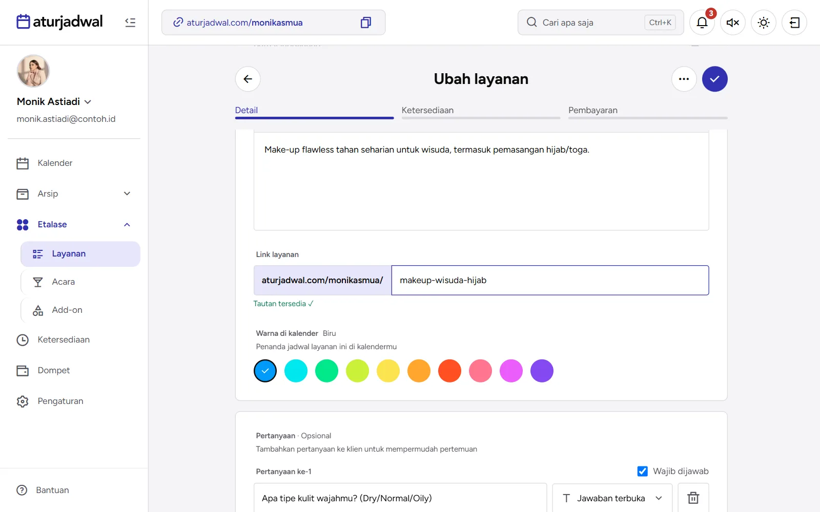 Tangkapan layar: kolom Link layanan dengan status Tautan tersedia, tampilan desktop