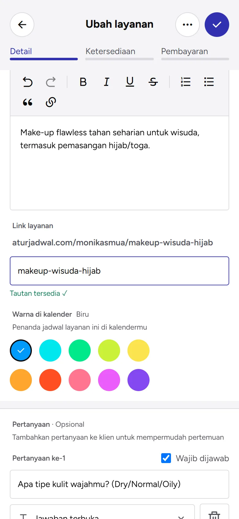 Tangkapan layar: kolom Link layanan dengan status Tautan tersedia, tampilan ponsel